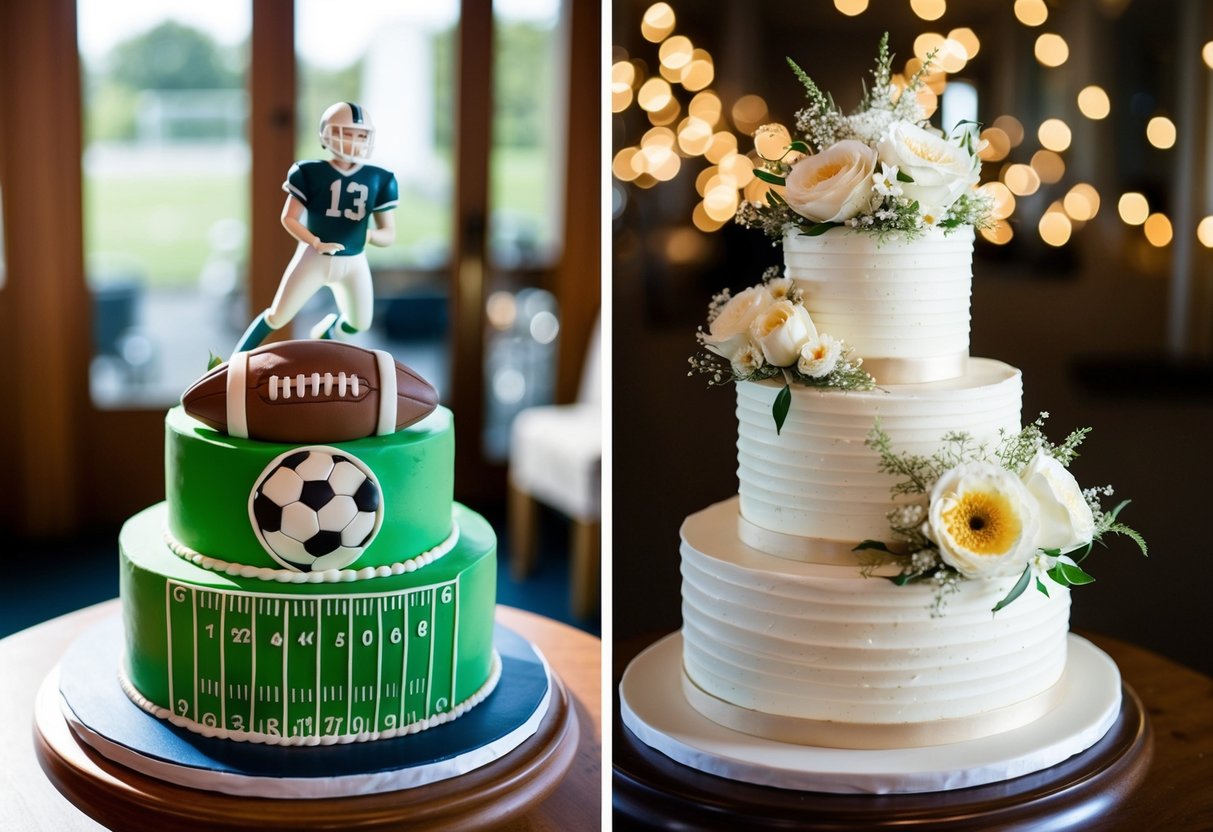 A groom's cake: a sports-themed cake with a football field design and a football player figurine. A bride's cake: a elegant, multi-tiered cake adorned with delicate floral decorations