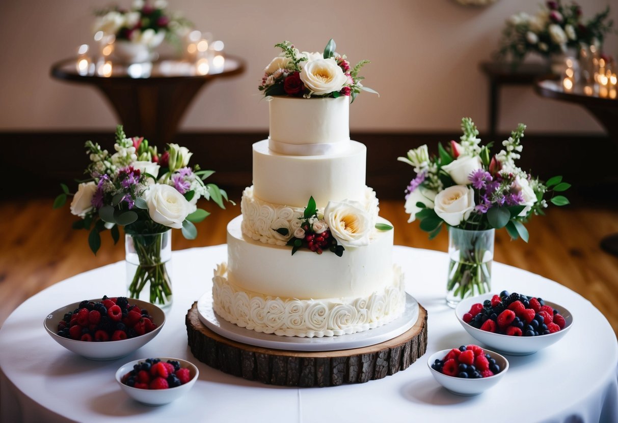 A three-tiered wedding cake with white frosting and intricate floral decorations, surrounded by bowls of fresh berries and vases of flowers