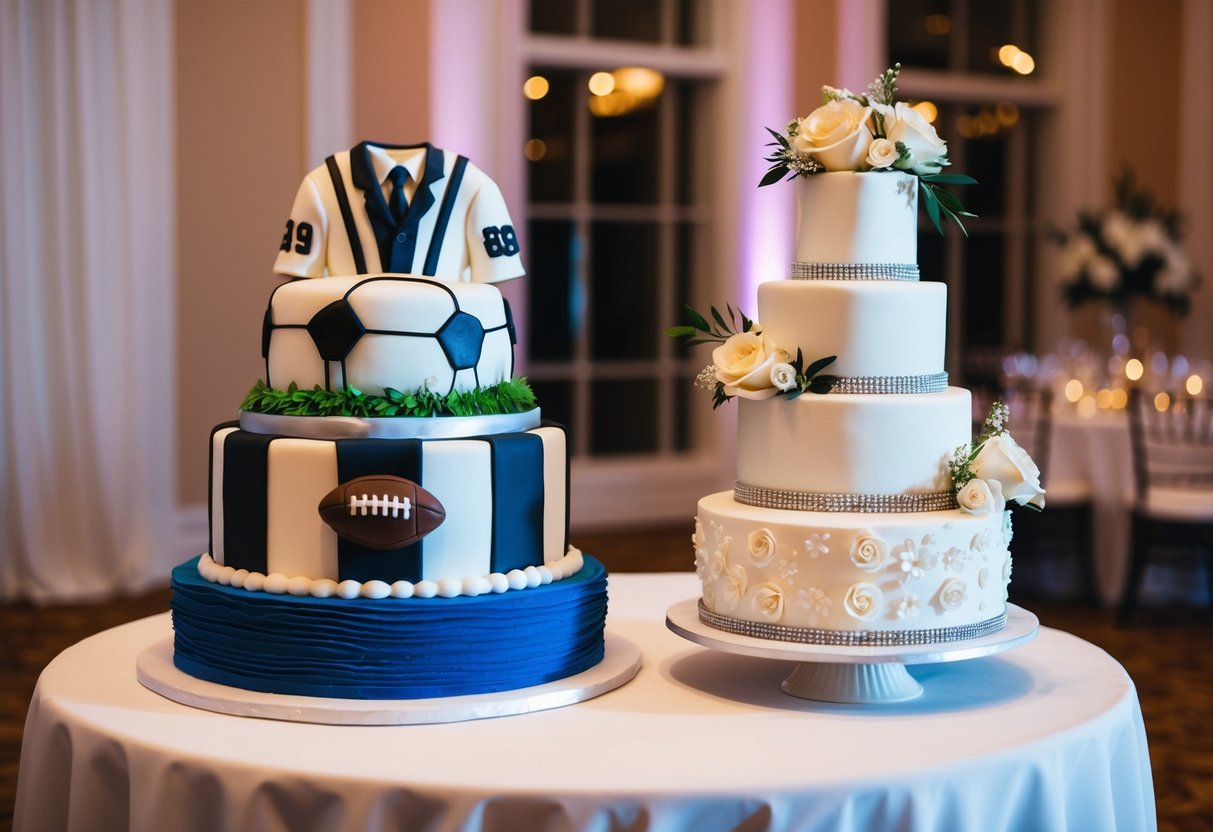 A groom's cake decorated with sports theme and a bride's cake adorned with elegant floral designs displayed on a table at a wedding reception