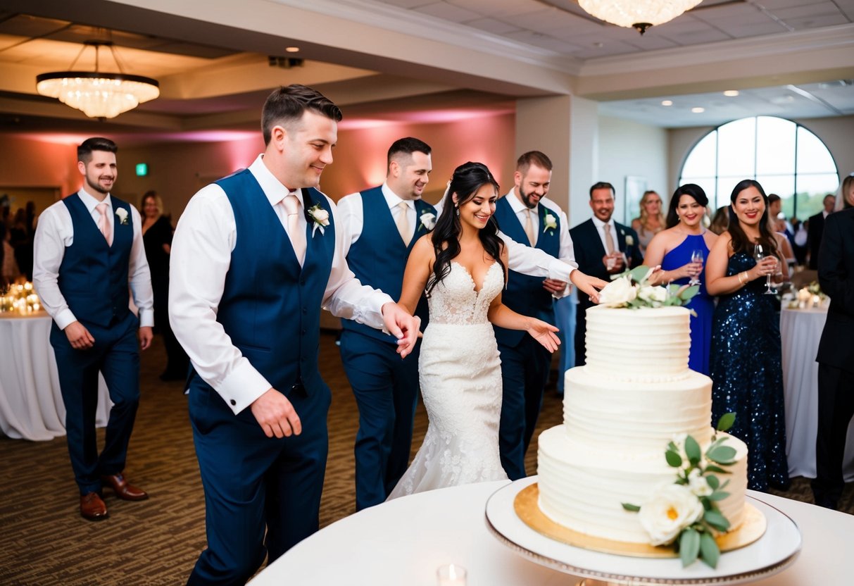 Guests departing wedding reception before cake cutting