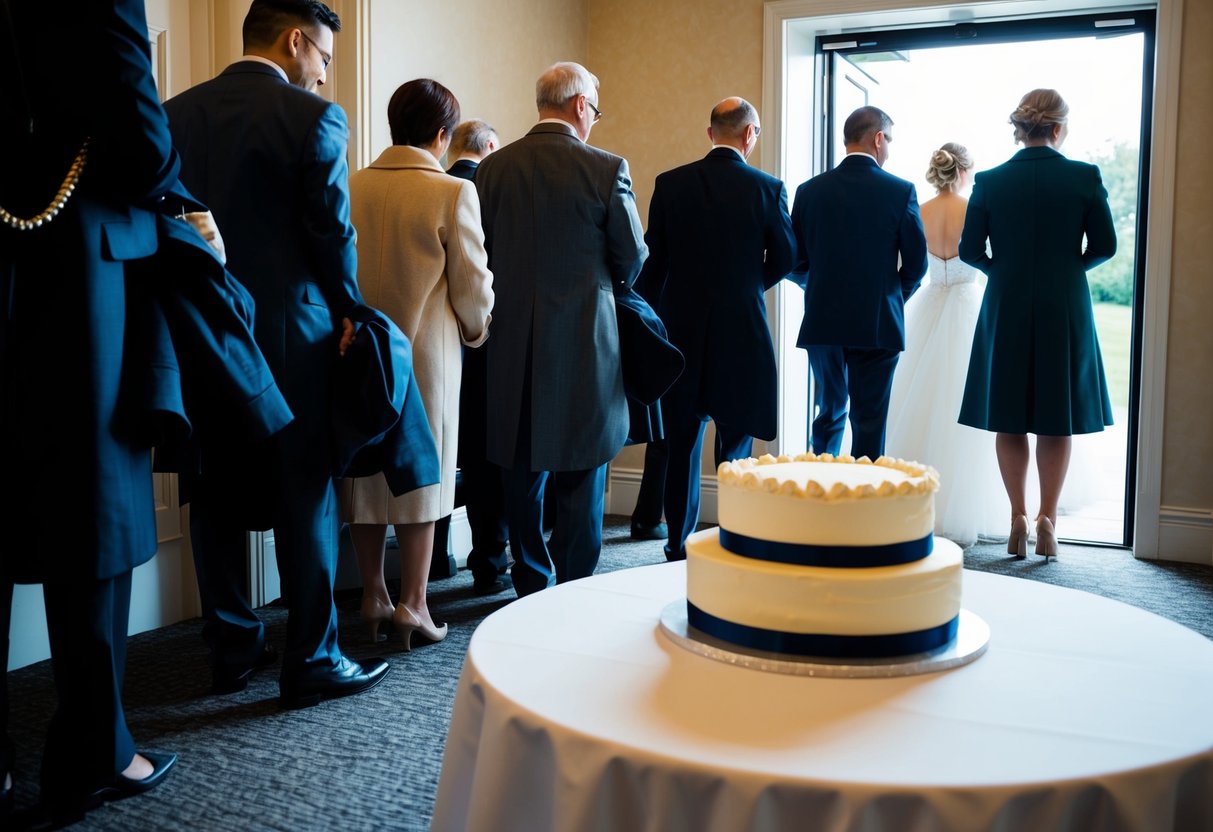 Guests gathering coats, saying goodbyes near the exit as the wedding cake sits untouched on the table