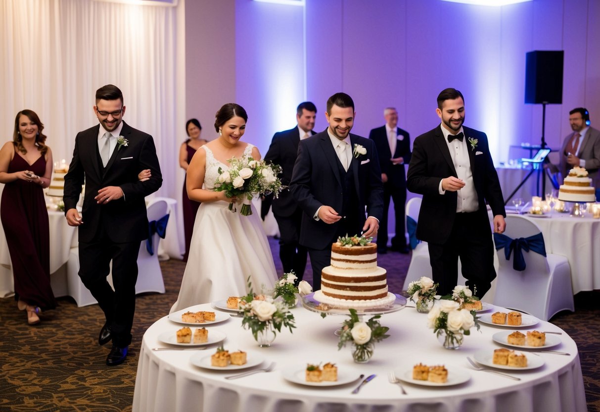 Guests leaving reception hall before cake cutting. Tables still adorned with centerpieces and half-eaten desserts. DJ's music playing in the background