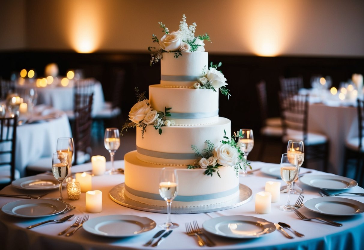 A tiered wedding cake with delicate floral decorations sits on a table, surrounded by elegant place settings and glowing candlelight