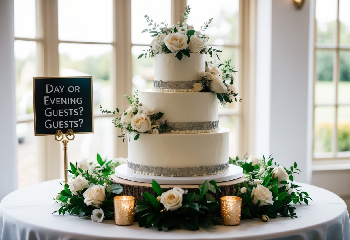 A wedding cake displayed on a table, adorned with elegant decorations and surrounded by flowers, with a sign indicating "Day or Evening Guests?"