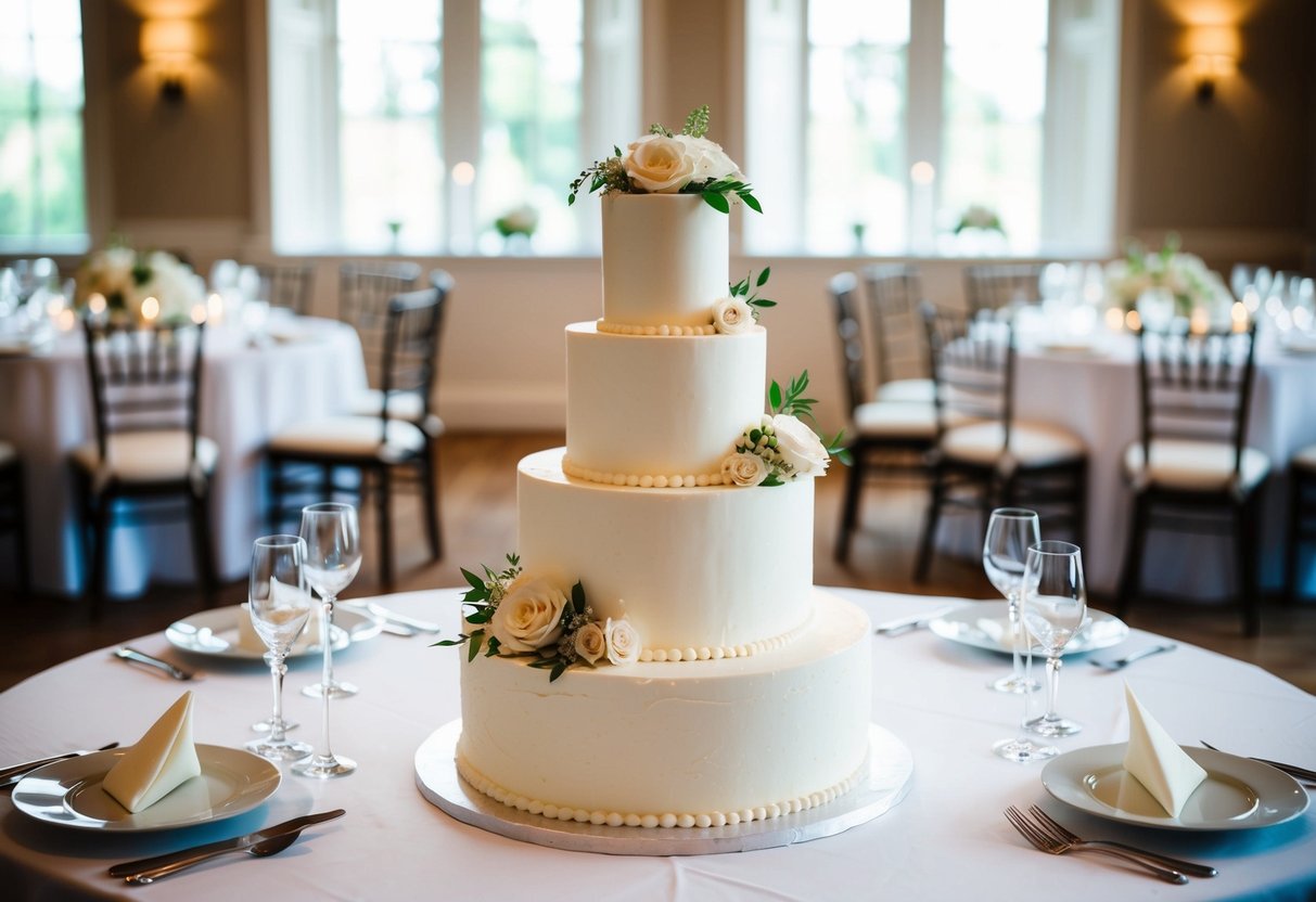 A tiered wedding cake on a table with elegant decorations and two sets of place settings nearby
