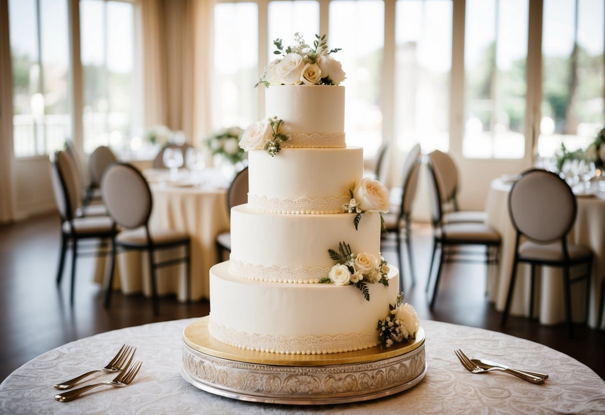 A tiered wedding cake on a decorated table, with elegant floral and lace details, surrounded by empty chairs and tables