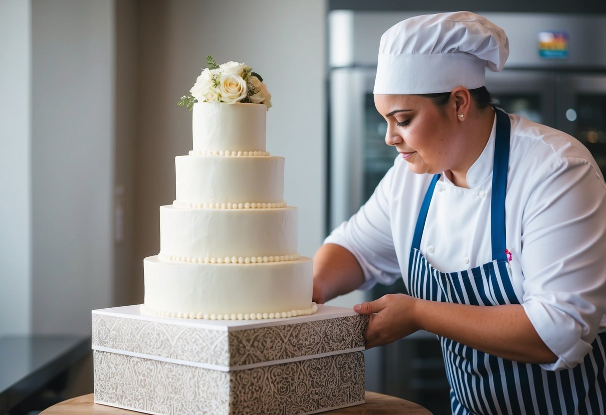 A baker carefully places a tiered wedding cake into a decorative box, ready for pickup the day before the wedding
