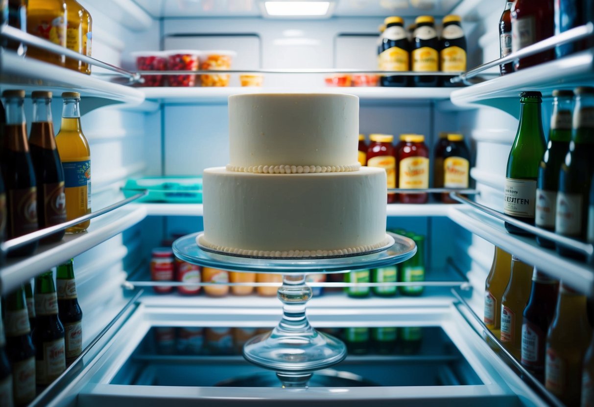 A white wedding cake sits on a glass cake stand inside a refrigerator, surrounded by shelves of food and beverages