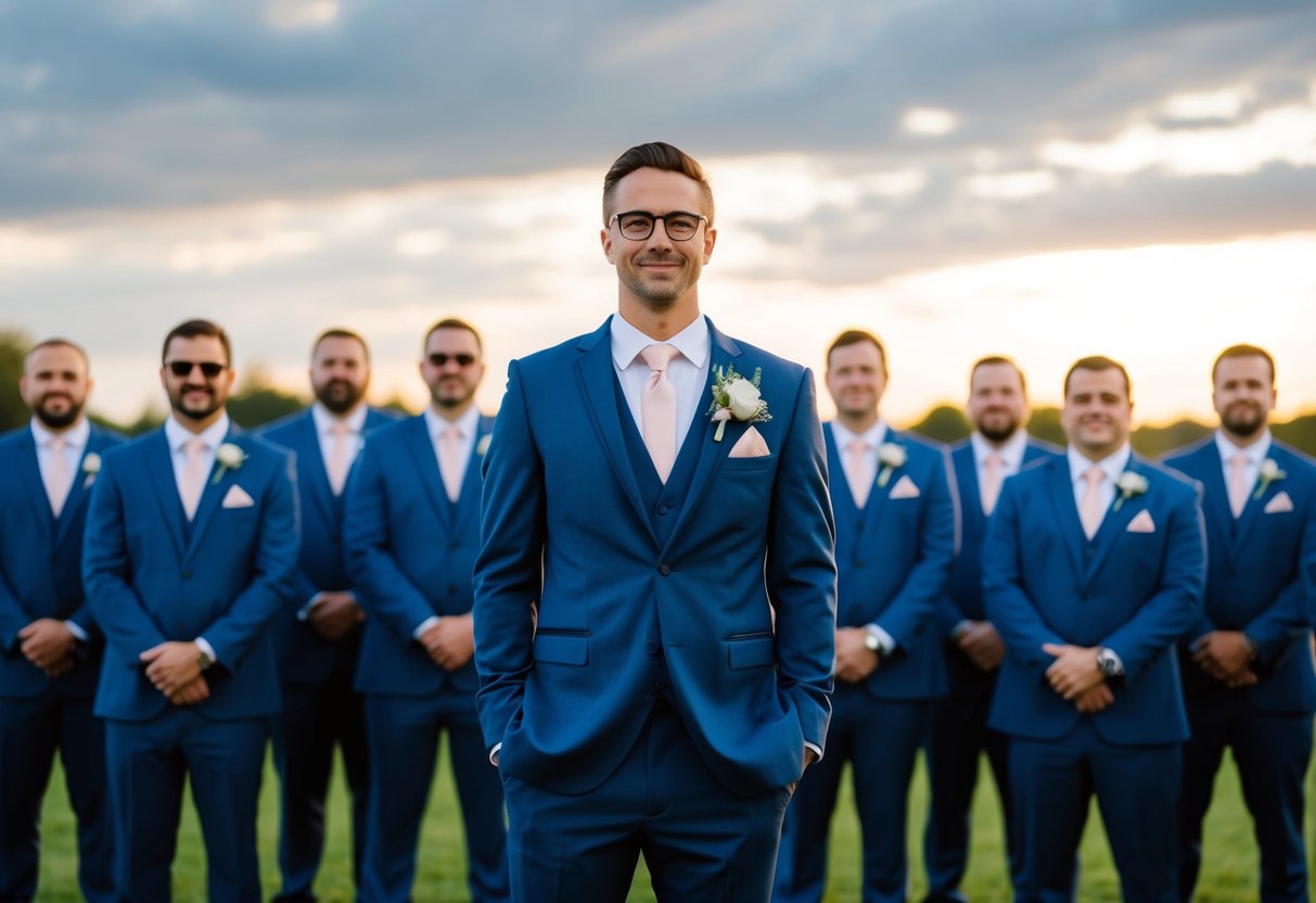 The best man stands alone at the front of a row of groomsmen
