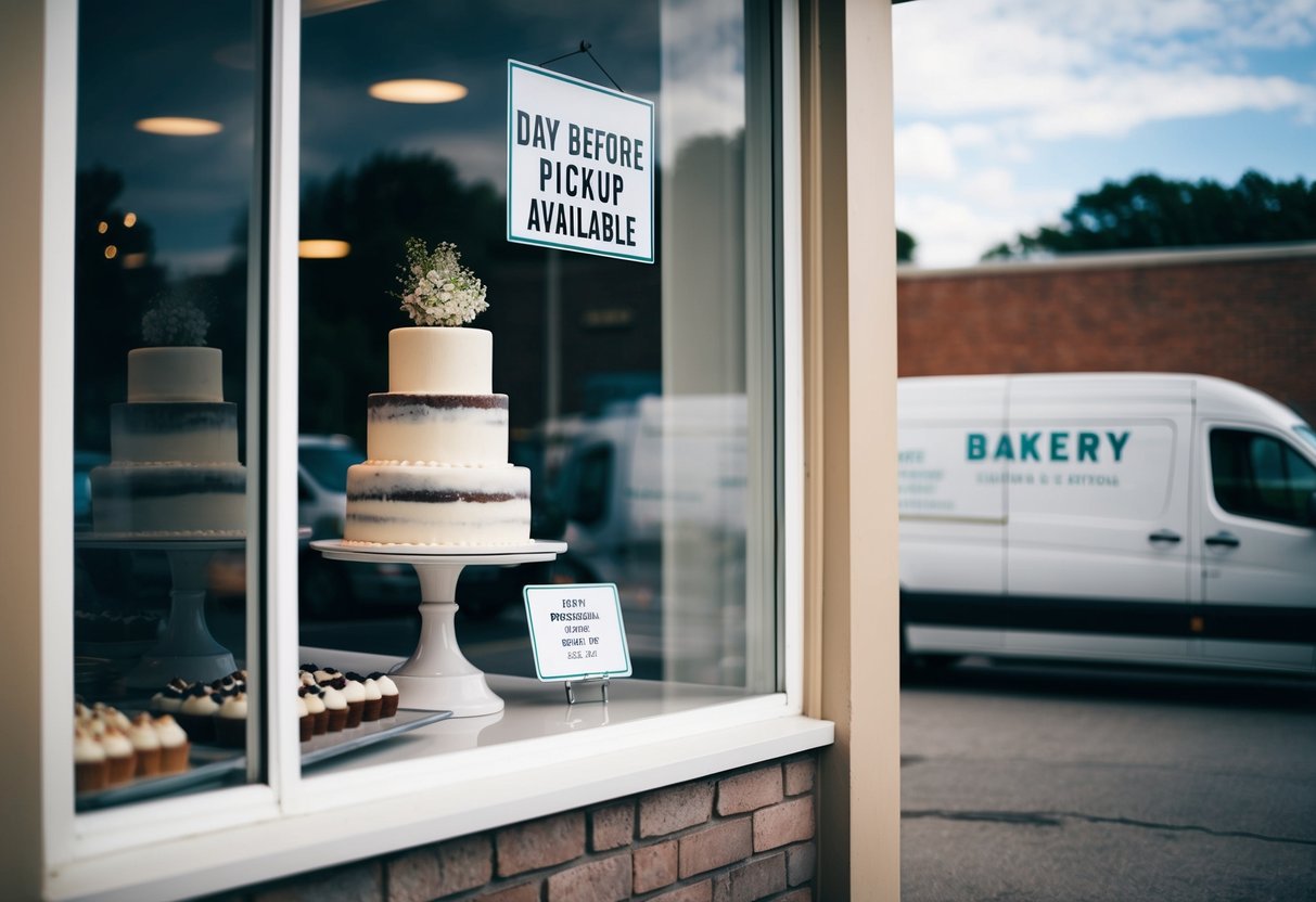 A bakery storefront with a wedding cake displayed in the window, a sign indicating "Day Before Pickup Available." A delivery van parked outside