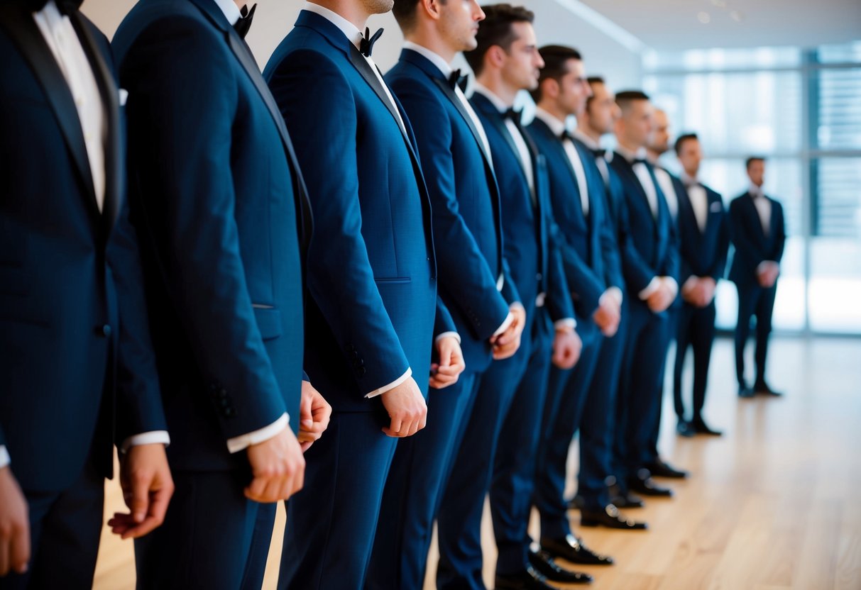 A line of suits, each one more modern than the last, leading to a classic tuxedo