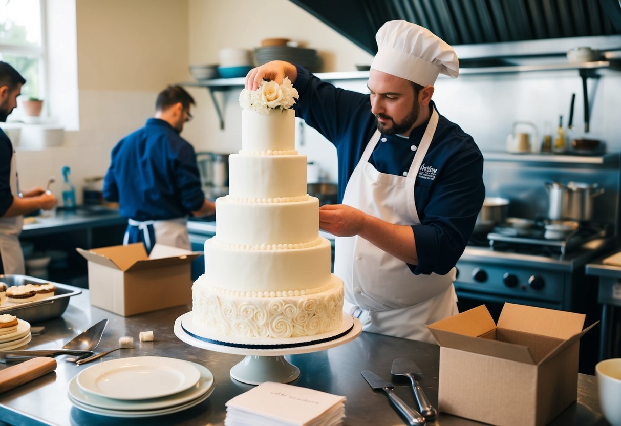 A baker adds final decorations to a multi-tiered wedding cake in a bustling kitchen. Delivery boxes and tools are scattered nearby