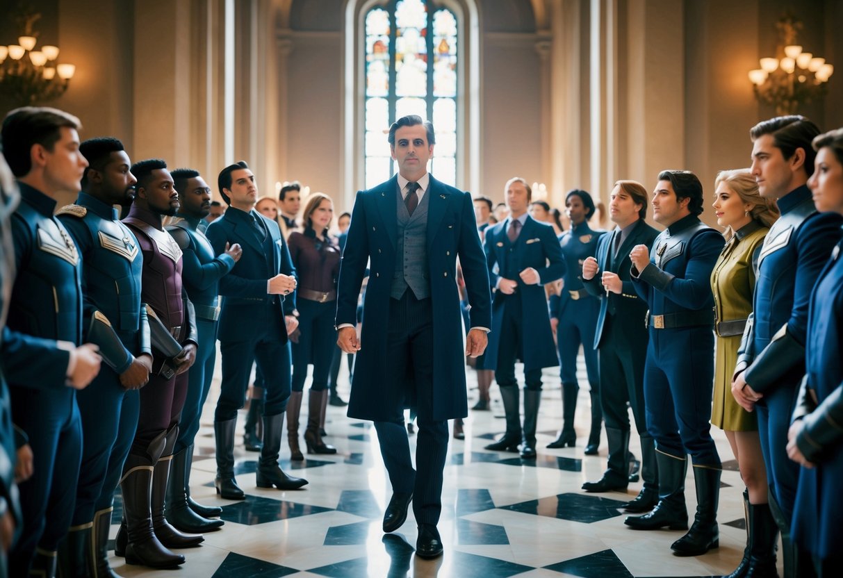 A group of characters gather in a grand hall, with one figure standing out as the central focus, surrounded by others in various states of anticipation and excitement
