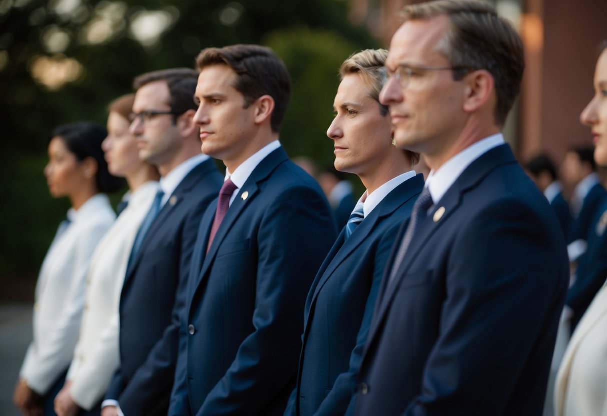 A group of figures in formal attire stand in a line, with one figure positioned at the front and another at the back. The figure at the front appears to be the center of attention