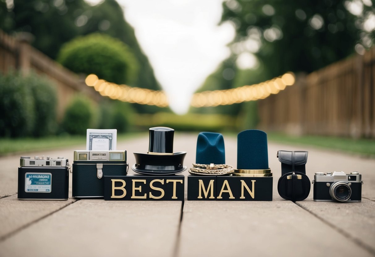 A group of items arranged in a line, with the best man's belongings positioned either at the front or back