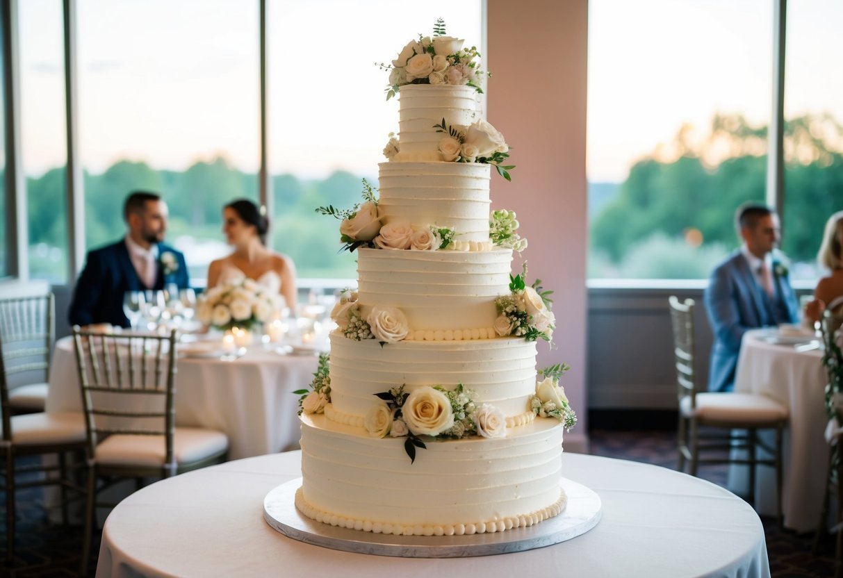 A towering wedding cake with multiple tiers, adorned with intricate floral decorations, sits elegantly on a table, ready to be served to 150 guests