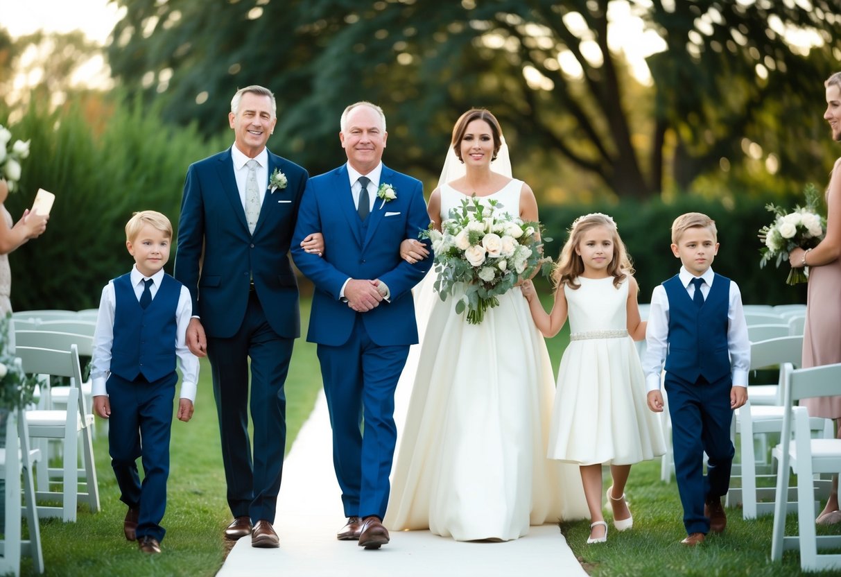 Family walks down aisle: father leads, followed by mother, then children in age order