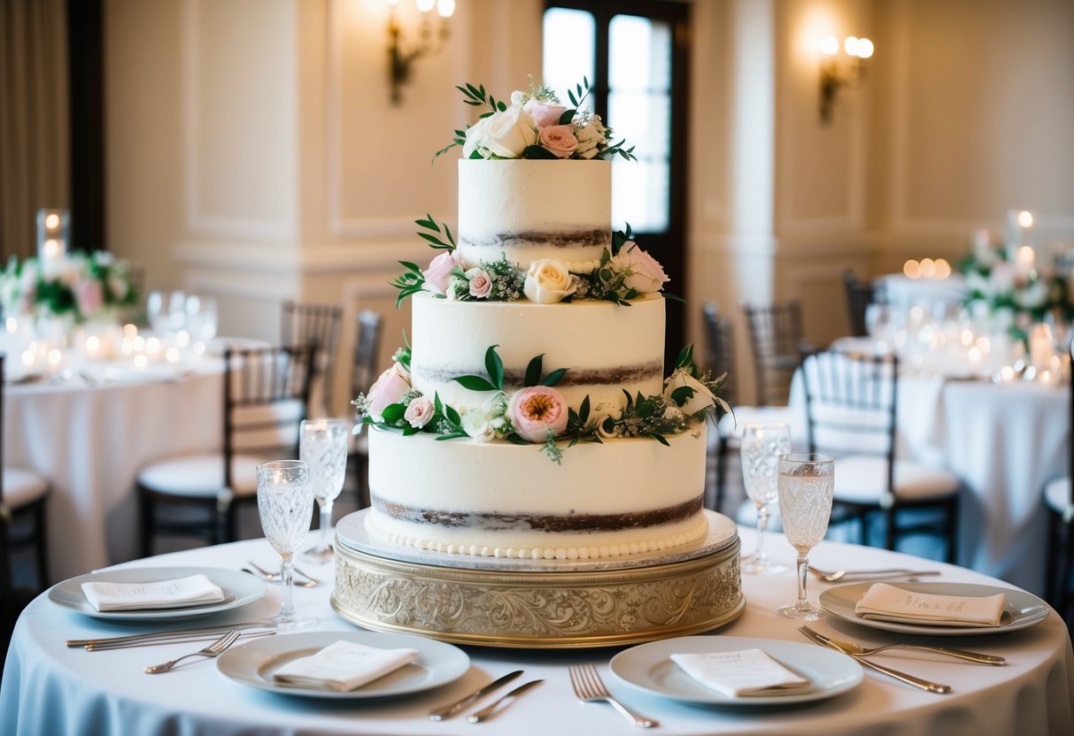 A tiered wedding cake with three layers, adorned with floral decorations, displayed on a table with elegant tableware and surrounded by wedding decor