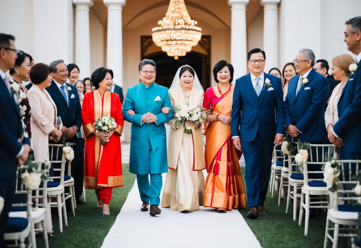 Family members from different cultures walk down the aisle in varying orders, reflecting their unique wedding processional traditions