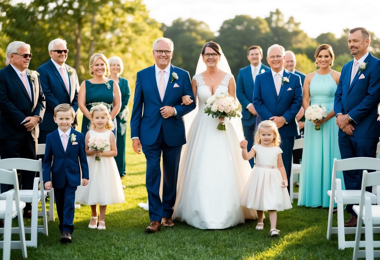 Parents walk down the aisle first, followed by grandparents, then the groomsmen and bridesmaids, and finally the ring bearer and flower girl