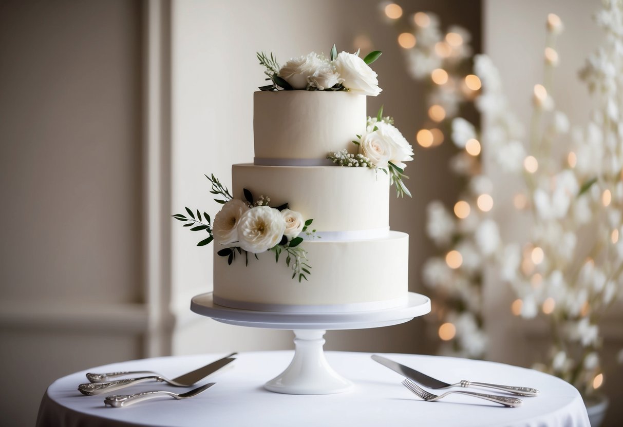 A two-tier wedding cake with elegant floral decorations, displayed on a white pedestal stand, surrounded by delicate silver cake serving utensils