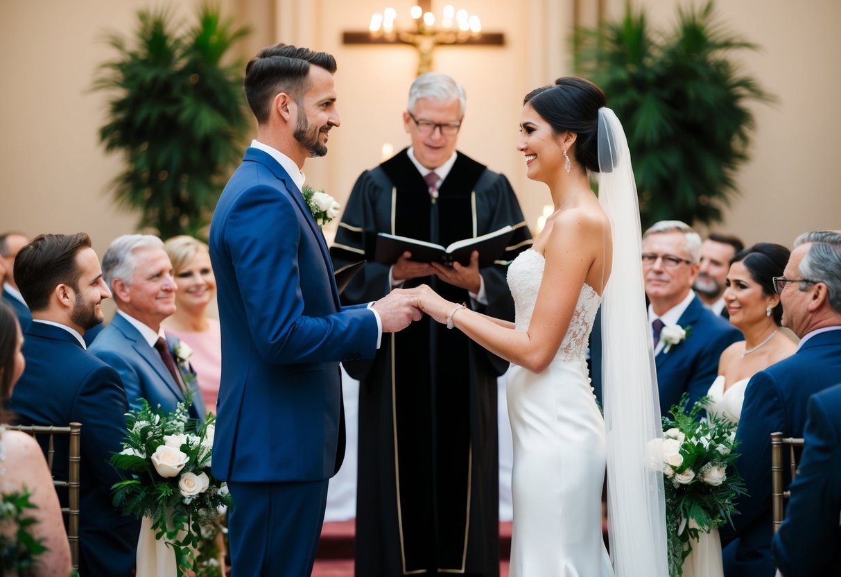 A bride and groom standing at the altar, exchanging vows as the officiant presides over the ceremony. Family and friends look on from their seats