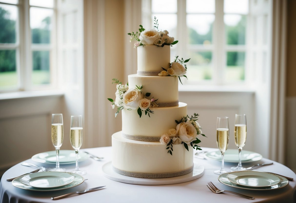 A two-tier wedding cake with elegant floral decorations sits on a white table, surrounded by delicate china plates and sparkling champagne glasses