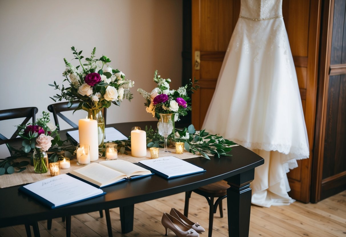 A table set with flowers, candles, and a guest book. A wedding dress hangs on a hanger nearby, while a pair of shoes sits on the floor