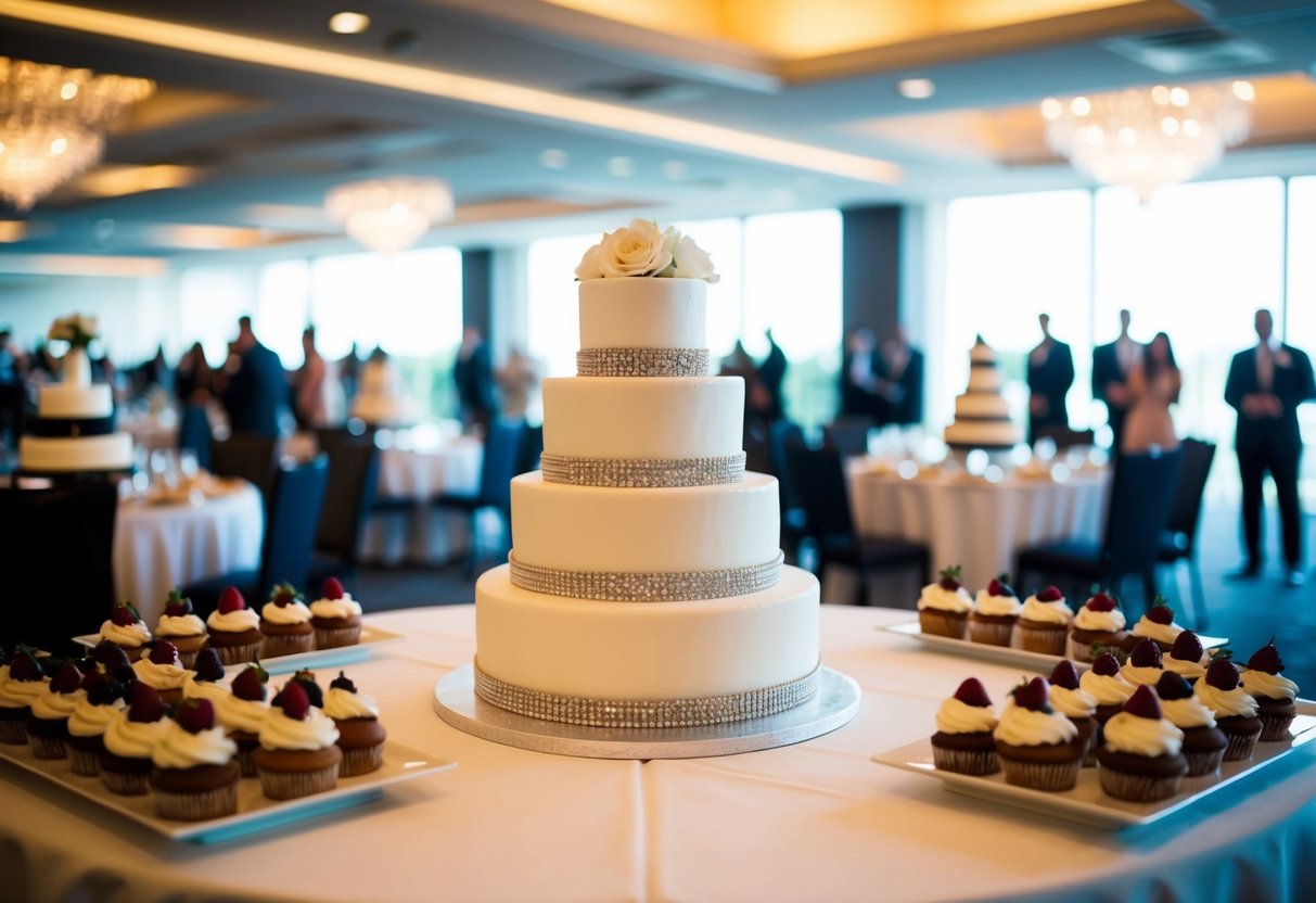A 2-tier wedding cake sits on a table surrounded by other desserts. The venue is spacious, with room for many guests