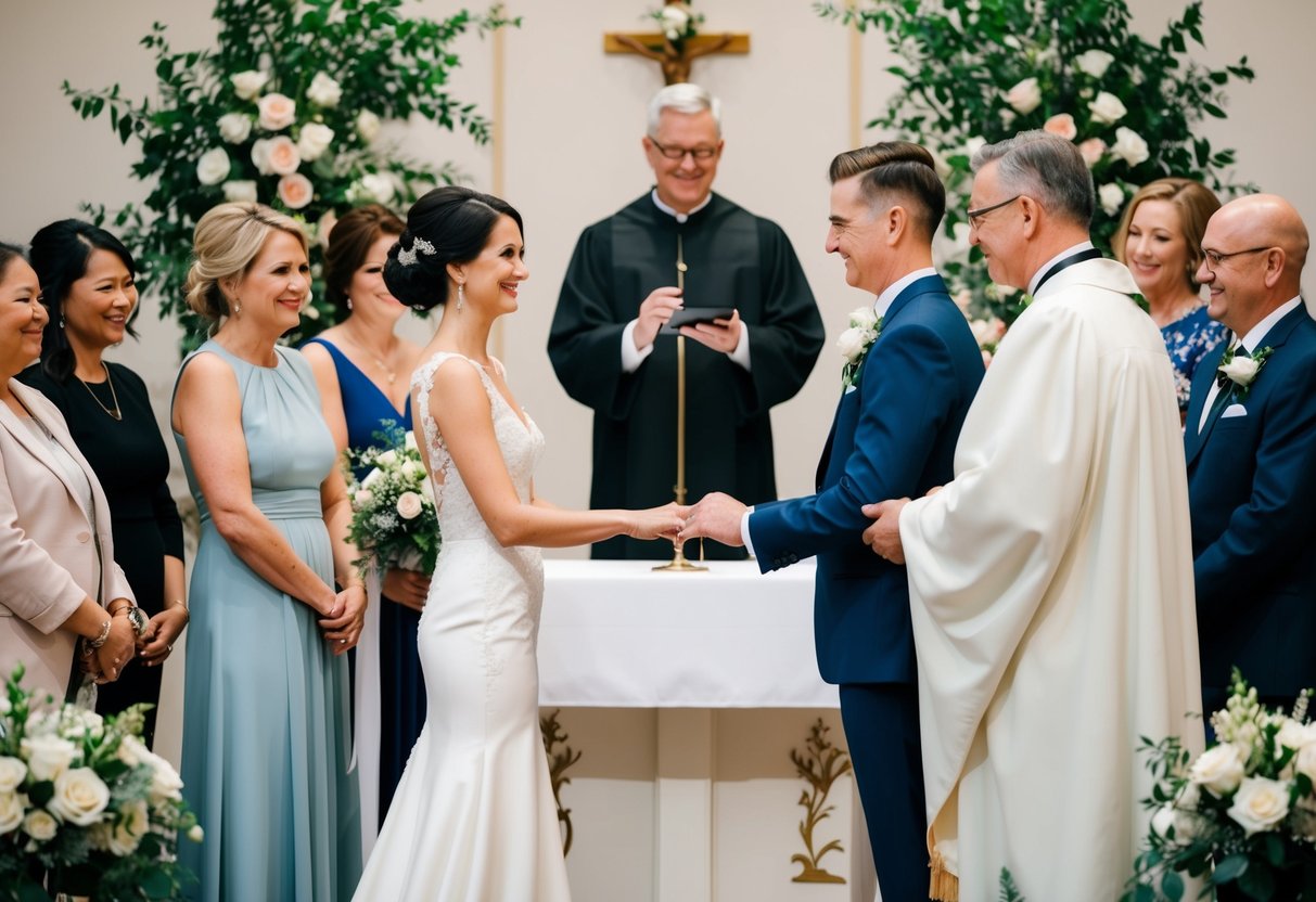 A couple stands at the altar, surrounded by family and friends. A minister officiates as the couple exchanges rings and vows. Flowers and decorations adorn the ceremony space