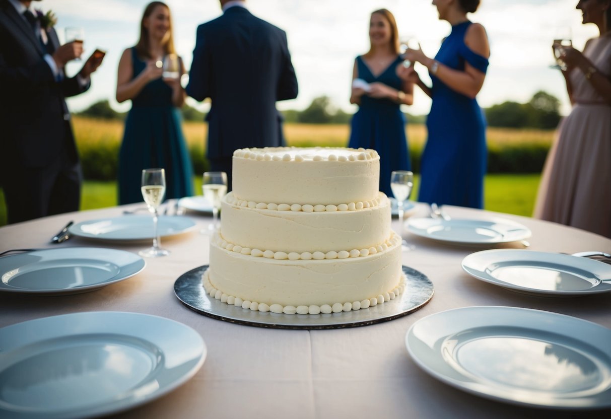 A wedding cake untouched on a table, surrounded by empty dessert plates and guests chatting