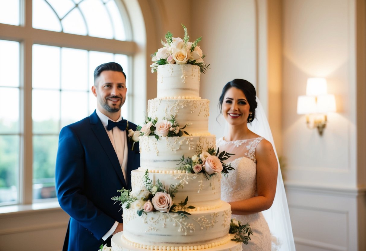 A bride and groom stand in front of a towering, multi-tiered wedding cake adorned with intricate floral designs and delicate icing details