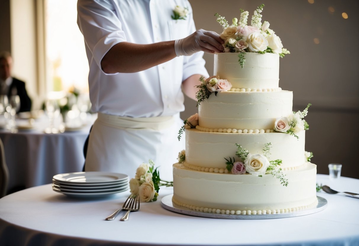 A baker carefully stacks three tiers of a wedding cake, adorned with delicate flowers, to serve 50 guests