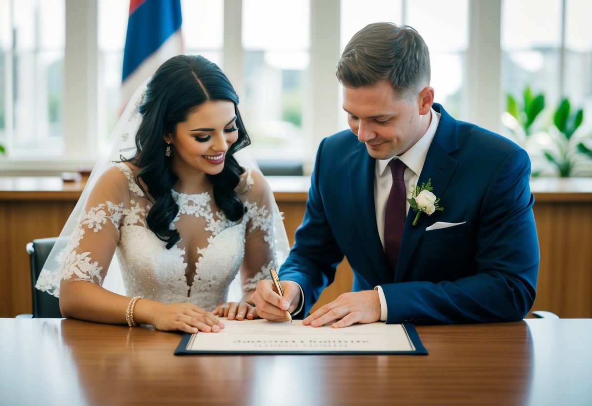 A couple signing a marriage certificate at a government office