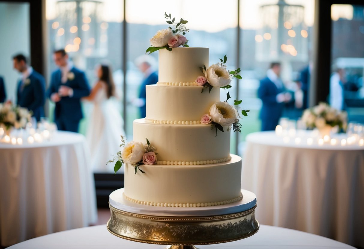 A three-tier wedding cake with a diameter of 12 inches, 9 inches, and 6 inches, decorated with elegant floral accents and icing details, set on a grand display stand