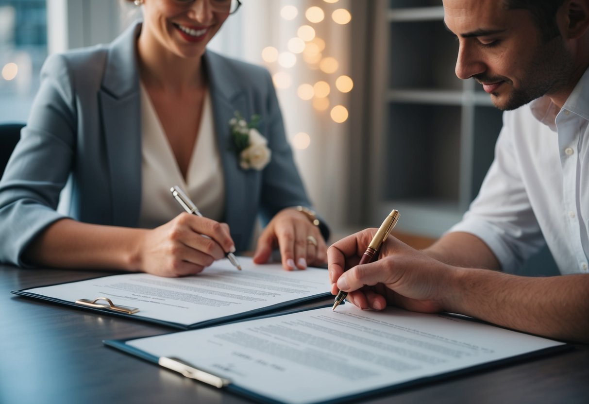 A couple signing marriage documents at a government office