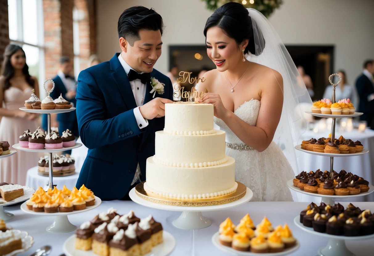 A couple deliberating over a spread of wedding desserts, with a traditional tiered cake in the center. Various other dessert options are displayed around it