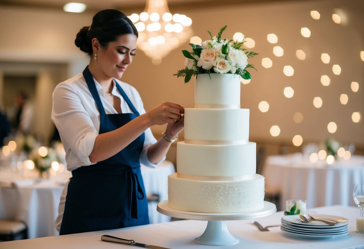 A cake designer measures tiers for a 3-tier wedding cake to serve 50 guests