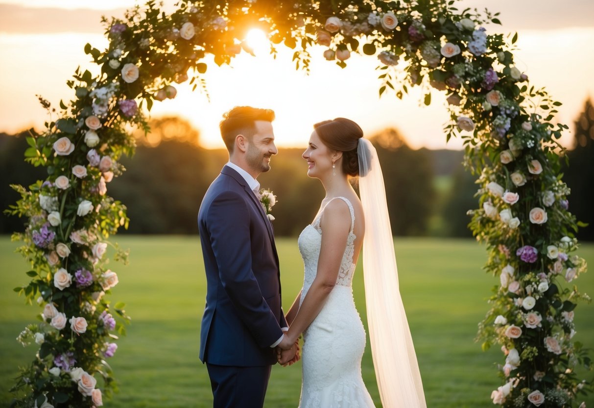 A bride and groom stand facing each other under a floral archway. The sun sets behind them, casting a warm glow over the scene