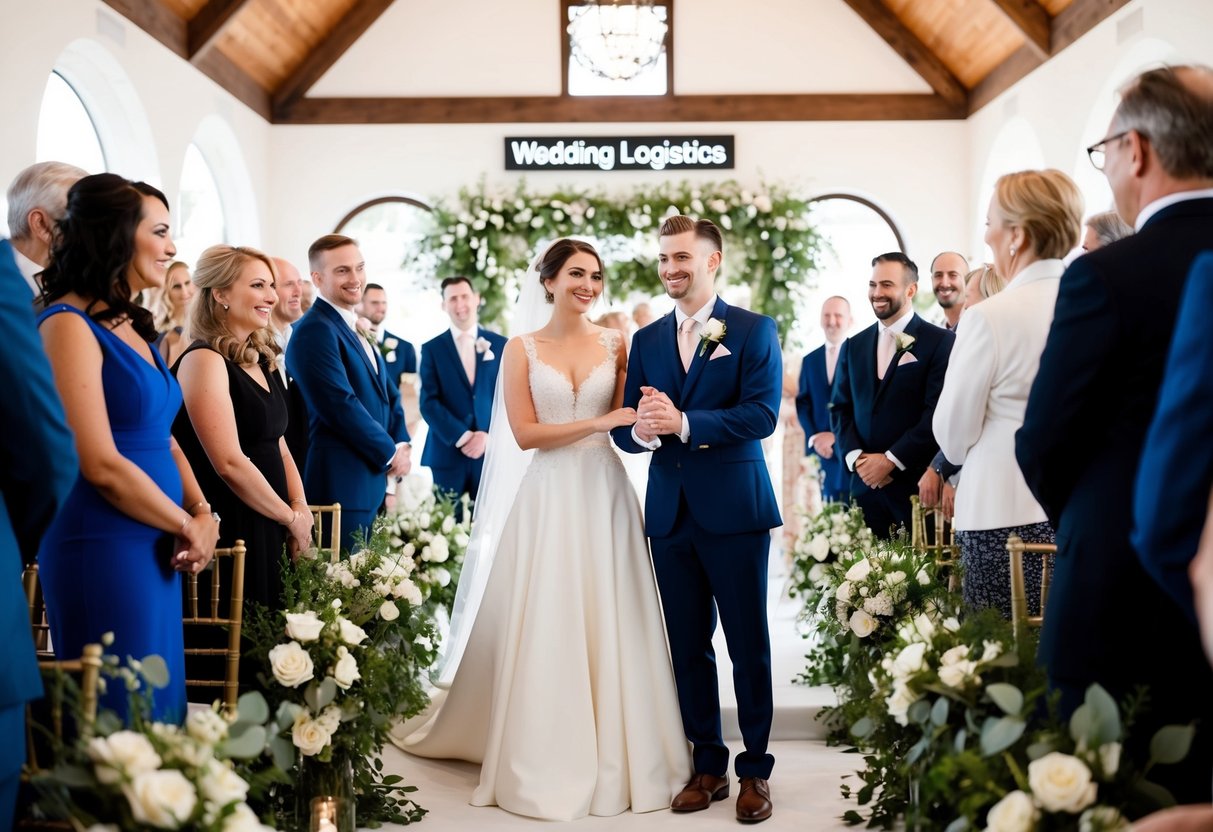 A bride and groom stand at the altar, surrounded by guests and a beautiful wedding venue. A sign reads "Wedding Logistics" in the background