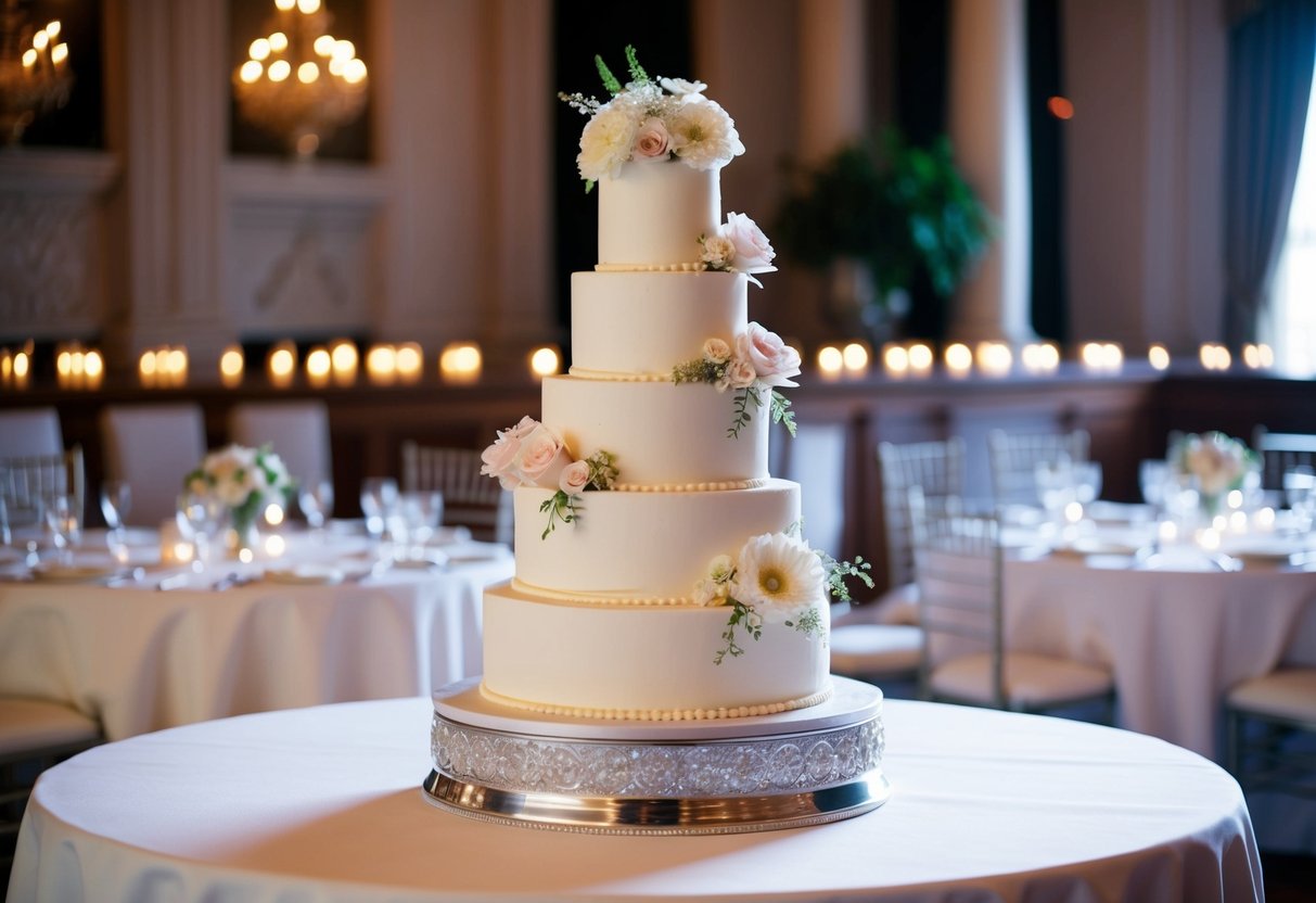 A four-tier wedding cake, adorned with delicate flowers, sits atop a grand table, awaiting the celebration