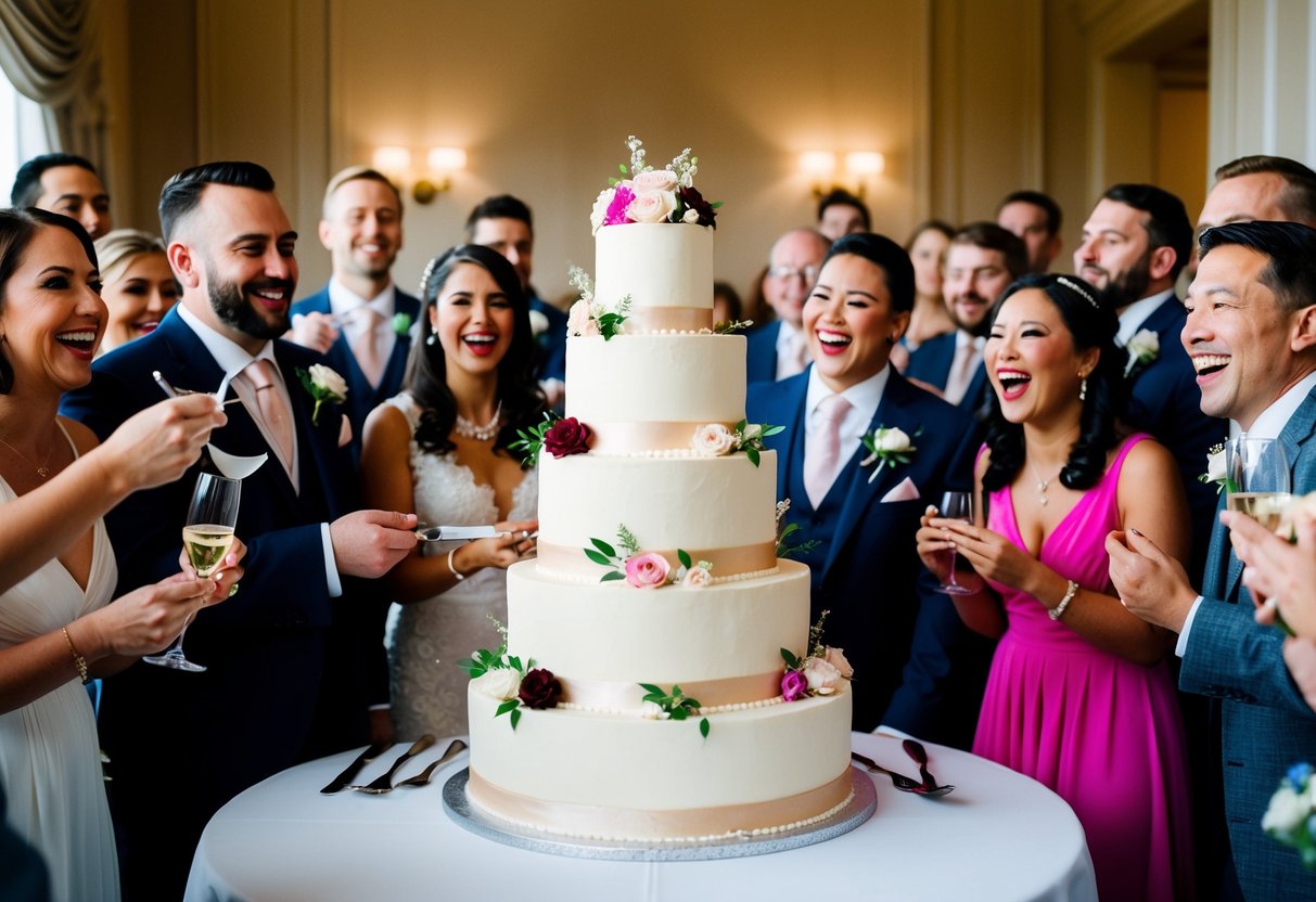A four-tier wedding cake, elegantly decorated with floral accents, sits on a table surrounded by a diverse group of guests eagerly awaiting a slice