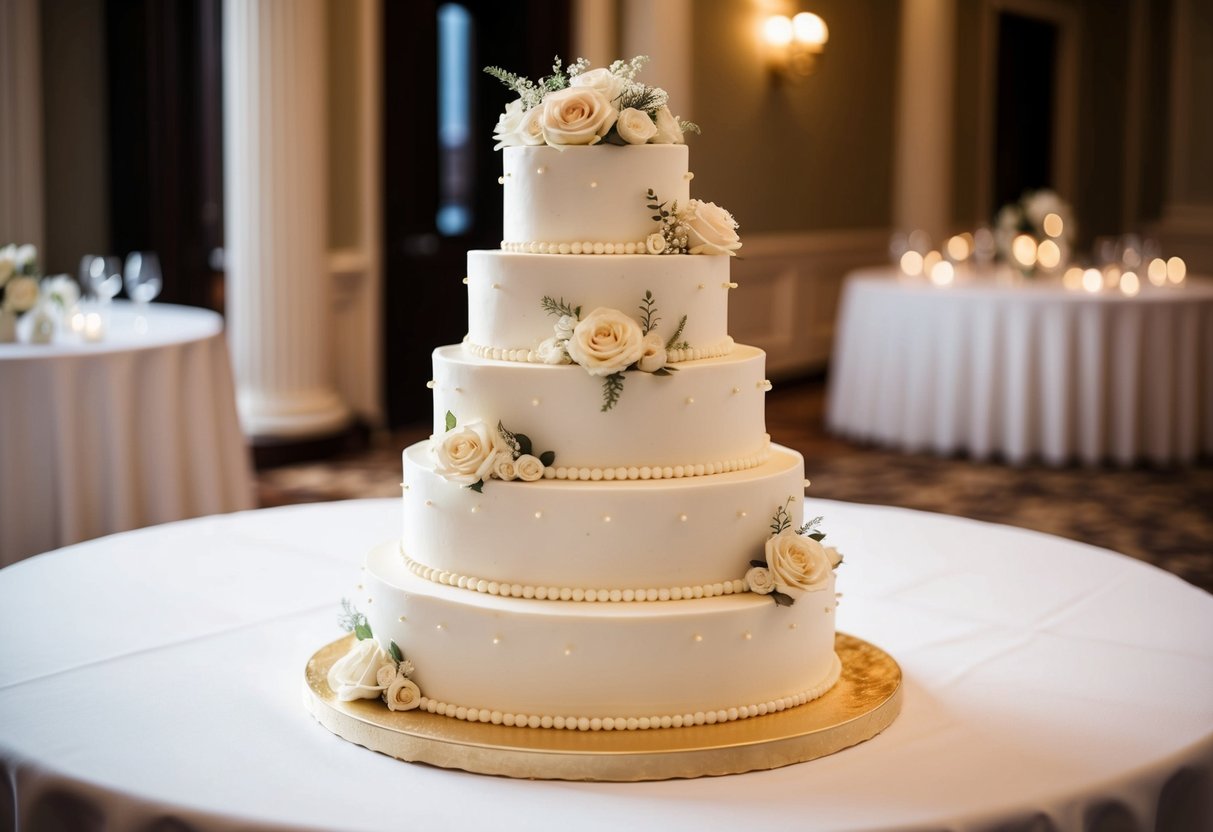 A four-tier wedding cake with delicate floral decorations, each tier adorned with intricate piping and edible pearls, displayed on a grand table