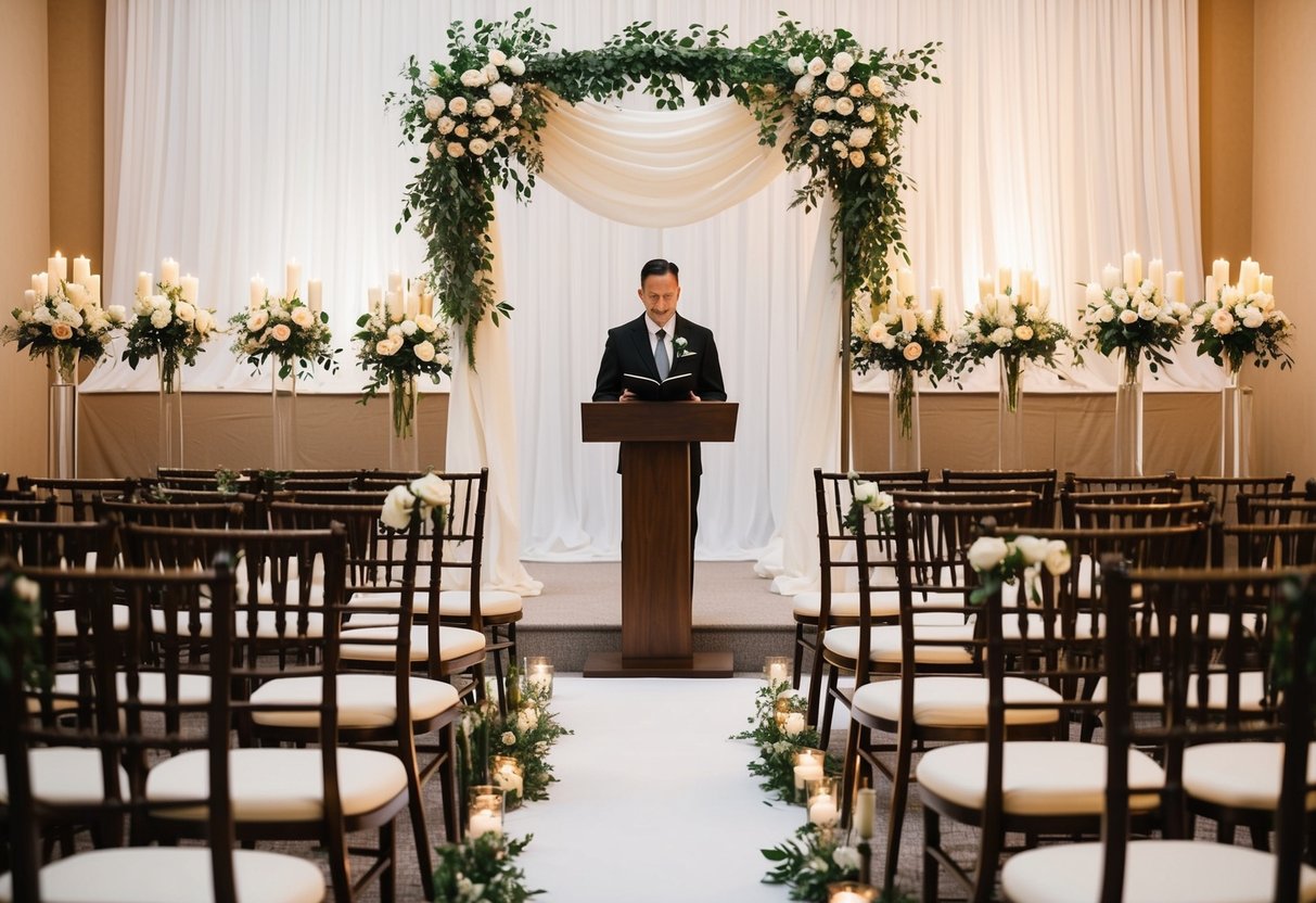 A wedding ceremony: an altar with flowers, candles, and a draped arch. Rows of chairs face the altar. A podium for the officiant