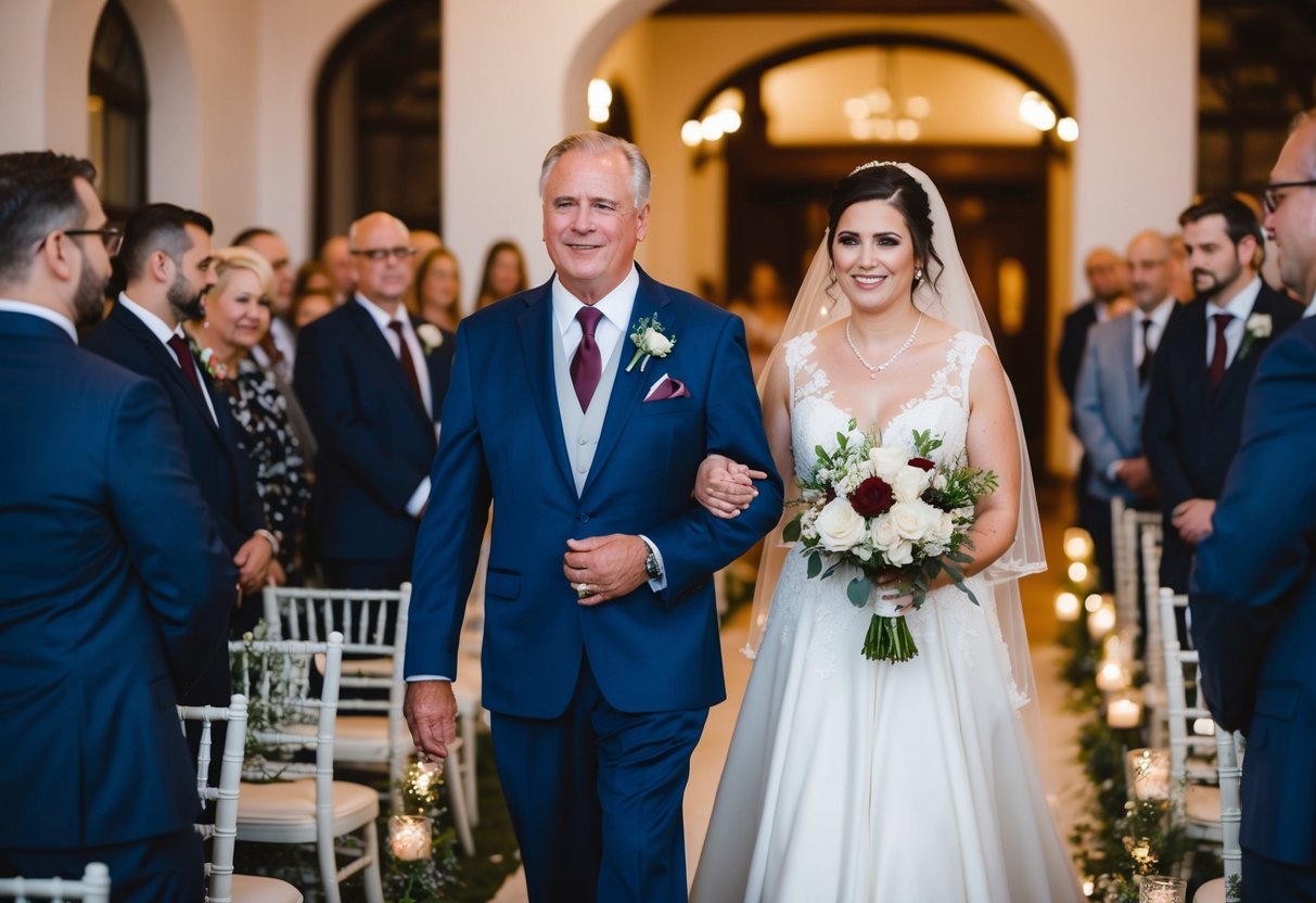 The father of the groom walks down the aisle with the bride's mother