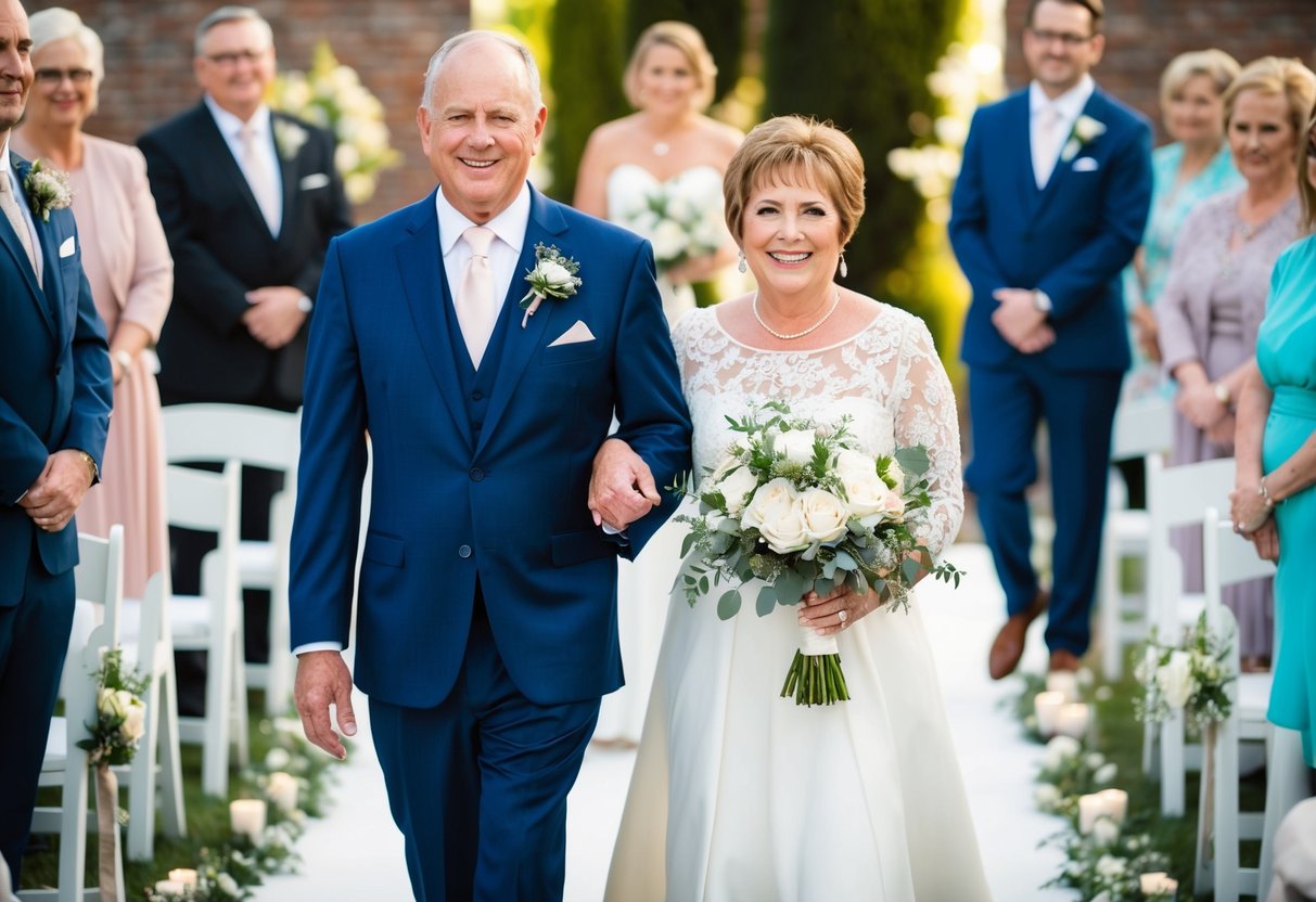 The father of the groom walks down the aisle with the mother of the groom, both exuding pride and joy