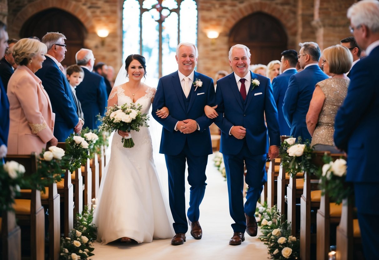 The father of the groom walks down the aisle with the mother of the bride