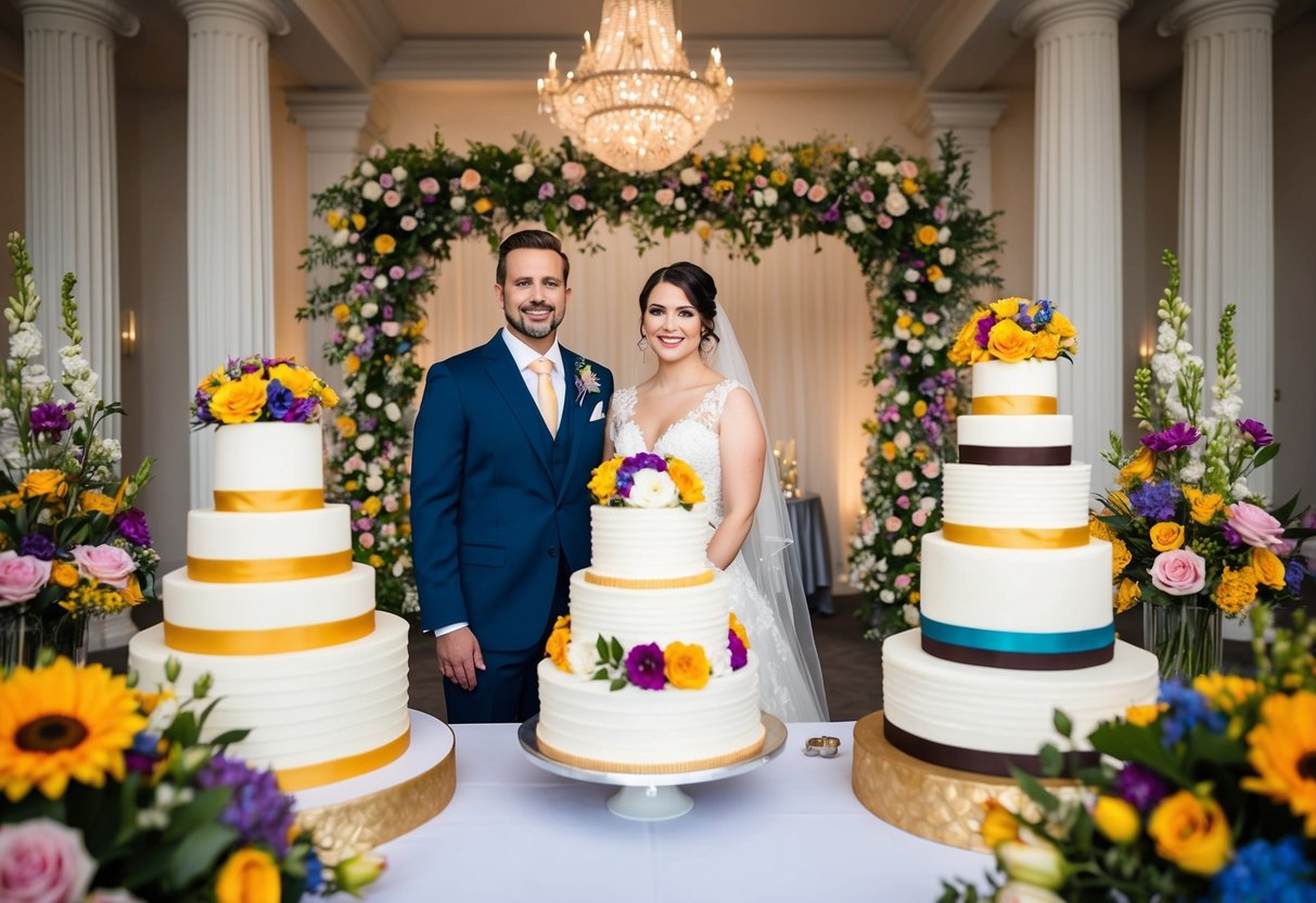 A bride and groom stand in front of a display of wedding cakes, surrounded by colorful flowers and elegant decor