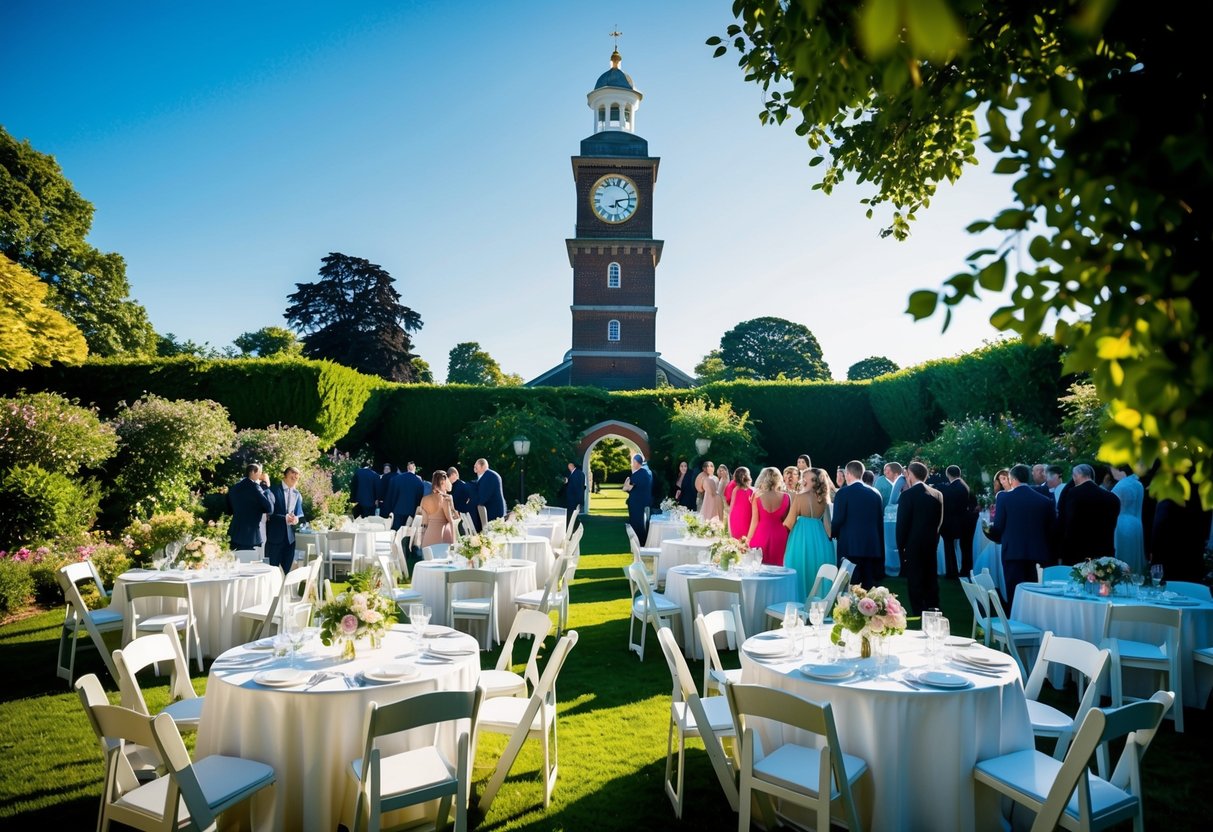 A sunlit garden with a clock tower showing noon. Tables set with white linens and floral centerpieces. Guests arriving in formal attire
