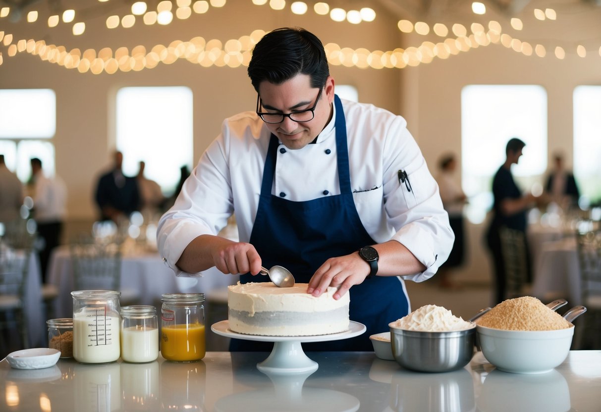 A professional baker measuring and preparing ingredients for a wedding cake to serve 50 guests